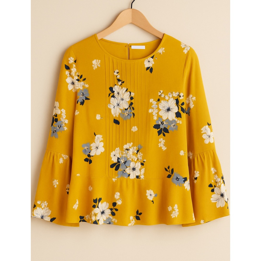 Old Navy Womens 100% Rayon Yellow Floral Pintuck Lantern Sleeve Blouse sz L Boho
